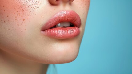 Fototapeta premium Close-up of a young woman's lips showcasing natural beauty and freckles against a soft blue background