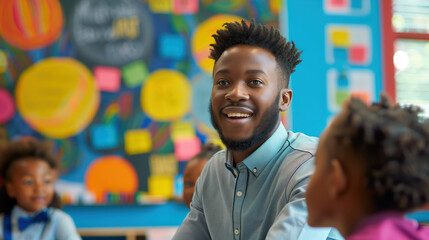 Smiling African American Teacher Engaging with Students in a Colorful Classroom Setting