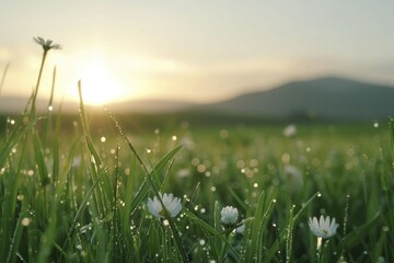 Close-up of grass and wildflowers in a meadow, dew drops sparkling in the morning light, evoking a sense of freshness and purity