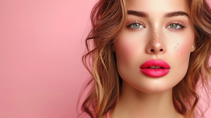 Fototapeta premium Young woman with bold pink lips and natural makeup poses against a soft pink background