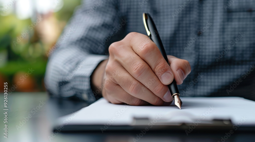 Poster close-up of a man's hand using a pen to write on a clipboard, focused on the writing action.