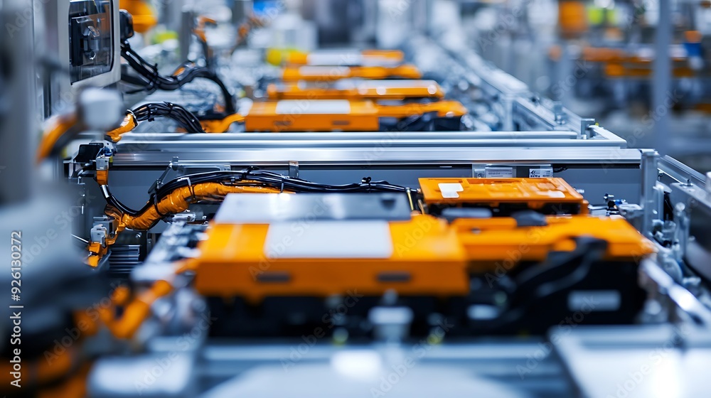 Poster Close up of an orange robotic arm in a factory setting with black wires and a blurred background.