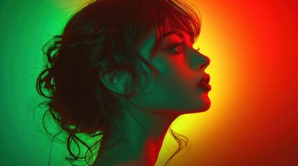 Naklejka premium A woman is captured in profile with vibrant red, green, and yellow lighting creating a striking visual effect