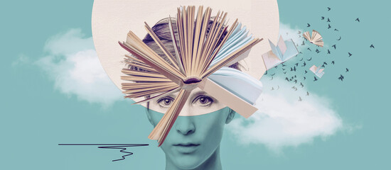 Head with books as a metaphor for education. Art collage or design. Creative idea symbol. Mental Health, thinking, psychology, education, intellectual development concept