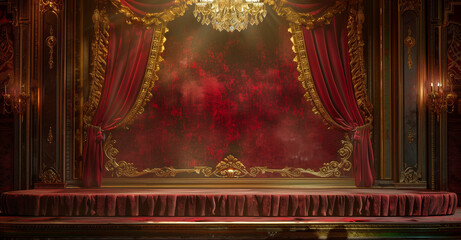 Opulent red curtains frame a dramatic stage bathed in warm light, adorned with ornate gold accents and a mysterious smoky backdrop.