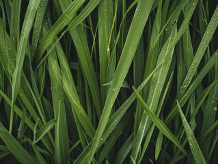 Close-up capture of grass texture, revealing the delicate features of each blade and its vivid green hue, ideal for use in nature-themed projects or artistic displays.