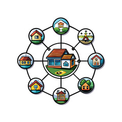 Colorful vector illustration of a smart grid system with houses connected in a network.