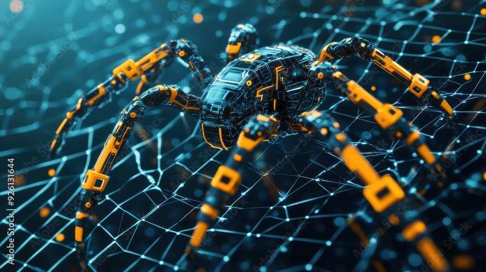 Poster A high-tech robotic spider navigates a glowing digital web, symbolizing cybersecurity, AI, and complex digital networks in technology.
