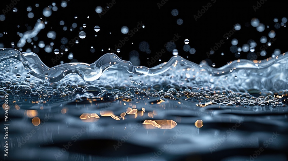 Poster A complete view of a water wave in motion with bubbles forming and scattering, capturing the fluid dynamics and sparkling effect, isolated on a dark background. Generative AI.
