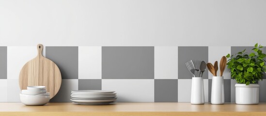 Grey and white checkered kitchen backsplash on the wall above an oak countertop with plates