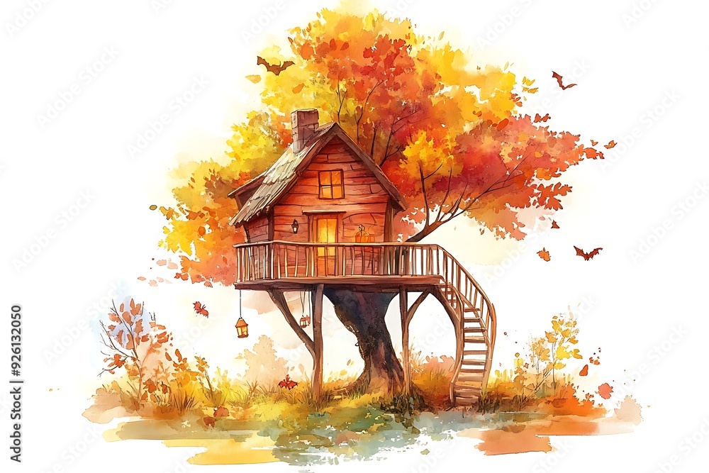 Sticker Watercolor Illustration of a Cozy Treehouse in Autumn.