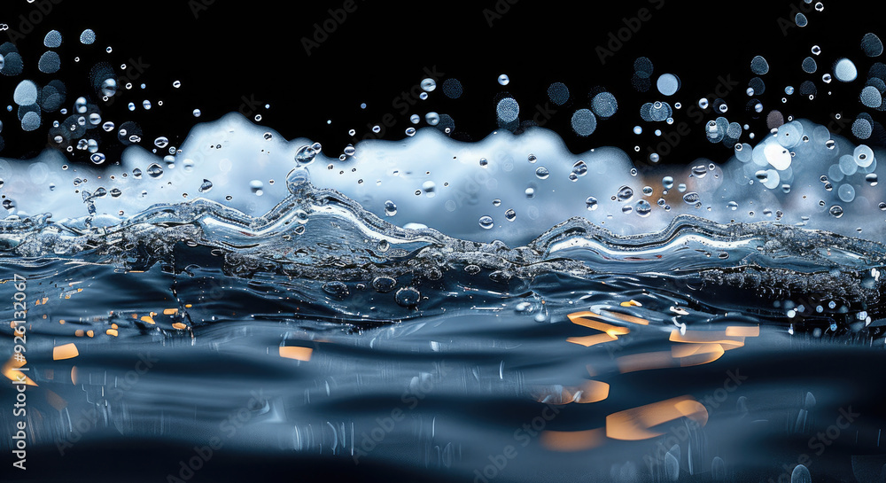 Poster A complete view of a water wave in motion with bubbles forming and scattering, capturing the fluid dynamics and sparkling effect, isolated on a dark background. Generative AI.