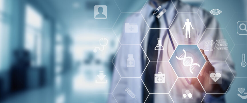 Personal genomics, personalized healthcare and wellness concept. Genetic testing and analyzing an individual's genetic makeup to provide customized healthcare and wellness solutions.