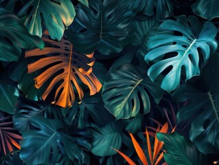 Mystical Jungle: Exotic Leaves on Dark Background Wallpaper