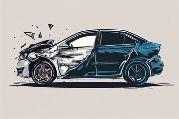 a drawing of a car with a broken hood