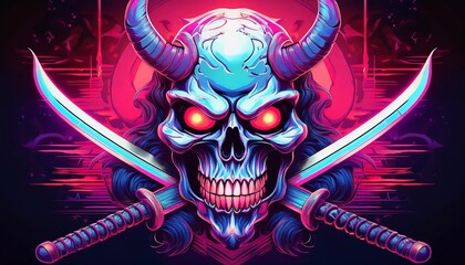 Fototapeta premium Oni skulls and synthwave katanas