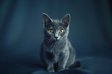 Obraz premium a gray cat with yellow eyes sitting on a blue background