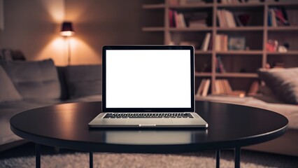 A modern laptop is open on a dark round table in a cozy room with a lamp and bookshelf