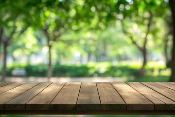 Empty wood table top and blurred green tree in the park garden background - can used for display or montage your products, ai