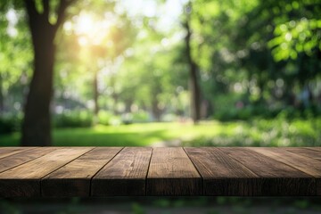 Empty wood table top and blurred green tree in the park garden background - can used for display or montage your products, ai