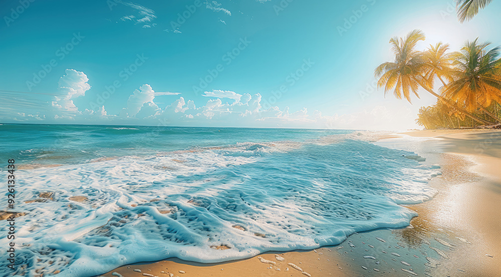 Poster the beautiful sea, where gentle waves caress sandy beaches and palm trees sway gently in the breeze.