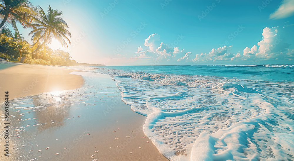 Poster the beautiful sea, where gentle waves caress sandy beaches and palm trees sway gently in the breeze.