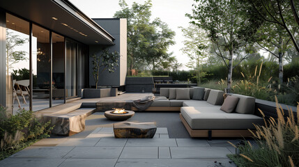 a modern outdoor patio or balcony with comfortable seating, a fire pit, and minimalistic landscaping. sleek outdoor furniture, neutral tones, and integrated lighting to create an elegant, 