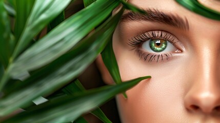 Close-up woman face with green exotic leaf, skin care beauty treatments concept