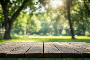Fototapeta premium Empty wood table top and blurred green tree in the park garden background - can used for display or montage your products, ai