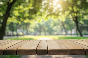 Empty wood table top and blurred green tree in the park garden background - can used for display or montage your products, ai