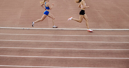 two woman athlete running 800 metres race in stadium