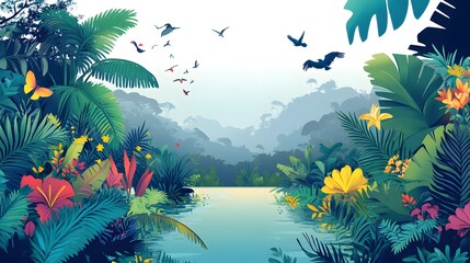 Rainforest Vector Illustration, Tropical Color Palette, Clear Water Reflection, Toucans and Exotic Wildlife, Natural Habitat Scene