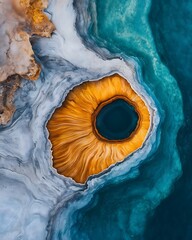 Aerial View of an Amber-Yellow Eye in a Surrealistic Lake