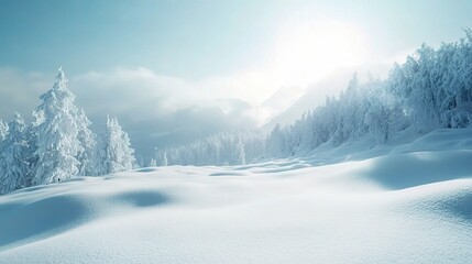 Winter Wonderland: Snow covered fir trees in a serene winter landscape. Sunlight filters through the clouds, casting a magical glow on the pristine snow. 