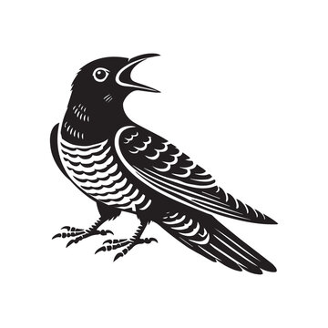 recommend clip art: Common Cuckoo silhouette, European cuckoo Bird Clipart, Common cuckoo body arched forward Illustration in black and white