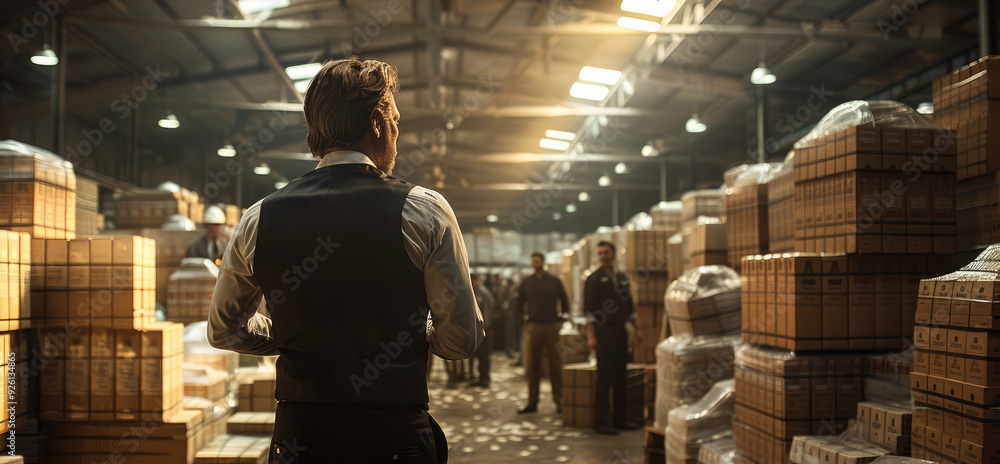 Poster a scammer in a warehouse counting cash while gangsters are in the background. generative ai.