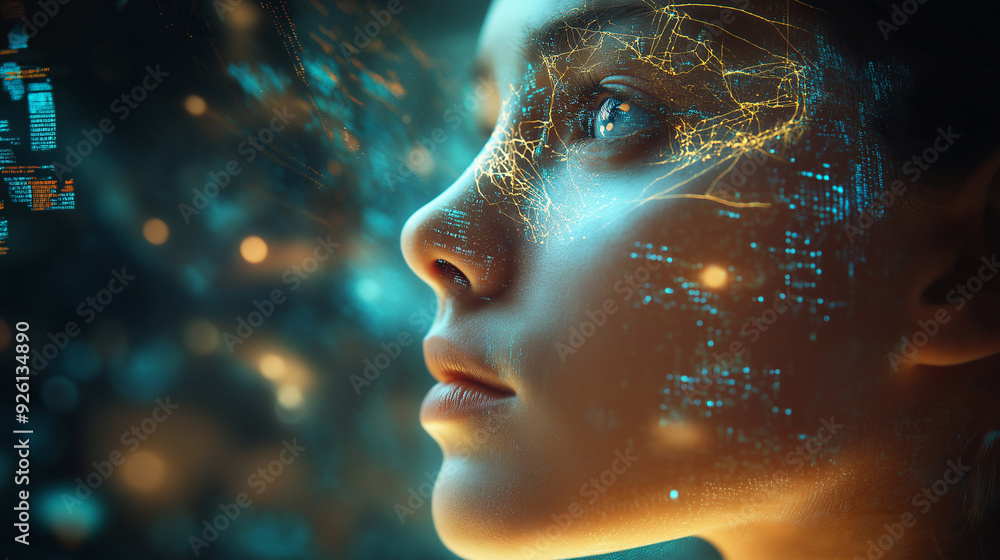 Poster a young woman's face with digital lines and a network of light lines connecting her face is an image