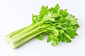 A fresh stalk of celery, vibrant green with crisp, textured leaves and long, slender stems, isolated against a pure white background, the celery showing subtle natural imperfections and moisture dropl