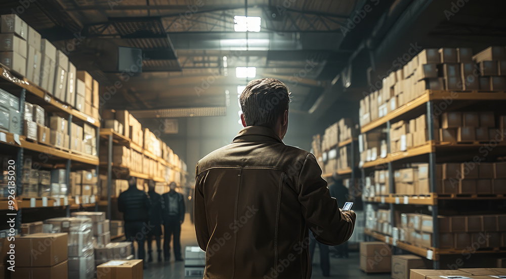 Poster a scammer in a warehouse counting cash while gangsters are in the background. generative ai.