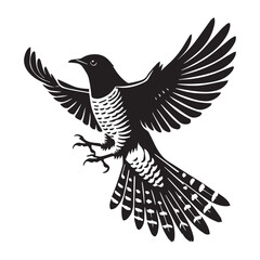 Fototapeta premium Common Cuckoo silhouette, European Cuckoo Bird Clipart, Common Cuckoo mid-landing Illustration in black and white