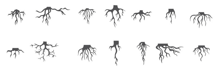 Tree roots isolated collection nature root silhouettes stammer different plants abstract branches.