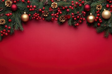 Christmas banner red background with garland of decorated fir branches, with copy space, Template for for banner, poster top view. holiday concept.