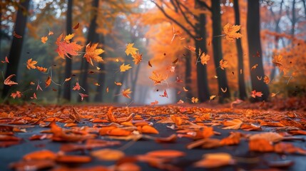Autumn forest maple leaves fall on ground, background wallpaper, Bright color. Generative AI.