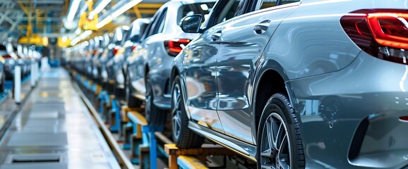 Close up of new cars on an automotive assembly line.