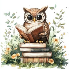 Wise Owl Immersed in Book Knowledge