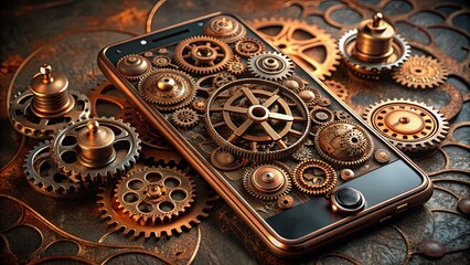 Steampunk Isometric Smartphone: Gears, cogs, antique machinery, Victorian aesthetics, bronze and copper tones