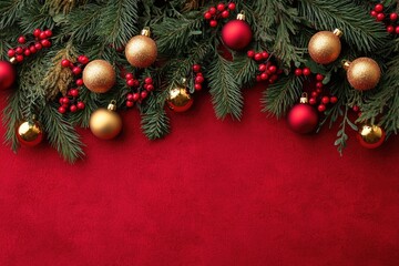 Christmas banner red background with garland of decorated fir branches, with copy space, Template for for banner, poster top view. holiday concept.