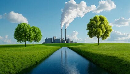 Realistic photo depicting environmental protection concept with green grass and trees on one side and industrial plant on the other side