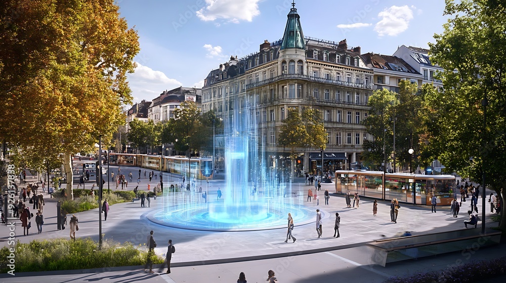 Poster futuristic city square with augmented reality advertisements and ai-coordinated public services