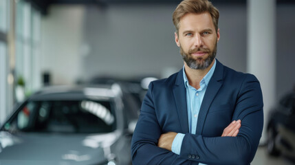 A confident businessman with crossed arms, standing in a car showroom, exuding professionalism and success.
